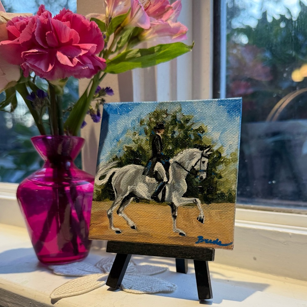 Original artwork EQUESTRIAN horse DRESSAGE micro painting, 2" x 3" gray mare